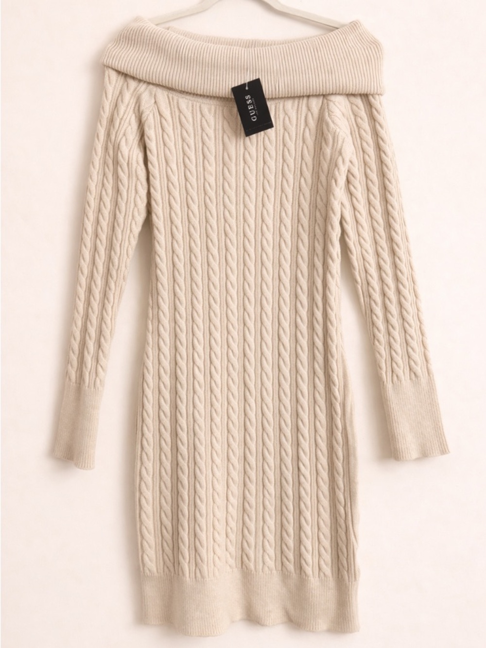Guess Oatmeal Cable Knit Off-Shoulder Sweater Dress Size L NWT